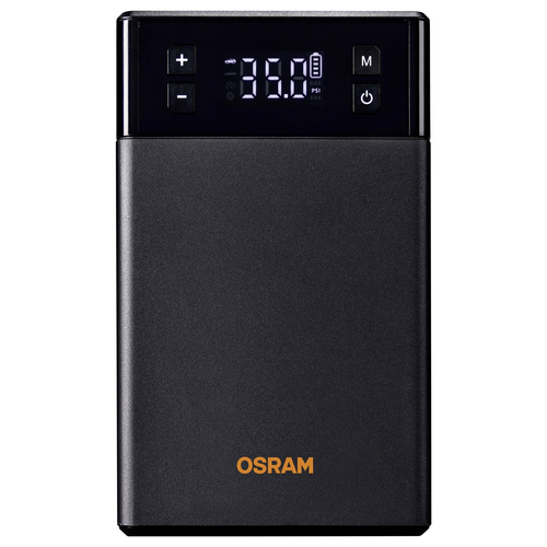 Elektrische Luftpumpe mit digitalem Display zeigt '35.0 PSI'. Oben Plus-, Minus-, Memory- und Power-Taste; OSRAM-Logo unten.